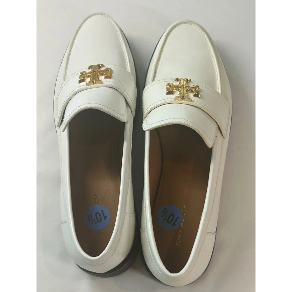 Tory Burch Lug Sole Loafers Women 10.5 White Gold Logo Leather Lug Sole 82845